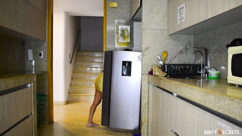 Desi wife in yellow mini dress bends over fridge for kitchen sex with hubby
