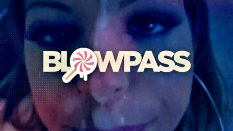 Seductive woman's glossy open mouth closeup with Blowpass lollipop watermark teasing blowjob
