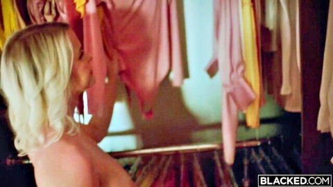 Slimthick Vic topless in closet, curvy blonde showing side boob
