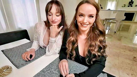 Pristine Edge and Lexi Luna in teasing lesbian pose with cleavage