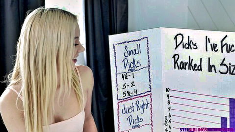 Haley Spades poses with whiteboard ranking small dicks in stepsiblings scene