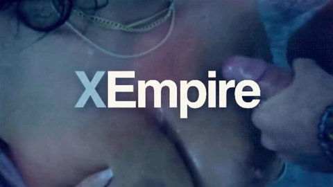 Ebony babe's huge tits squeezed by hand with thick cock head rubbing in cleavage