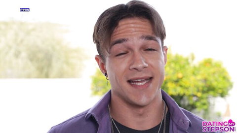 Handsome smirking stepson in purple shirt ready for taboo fuck