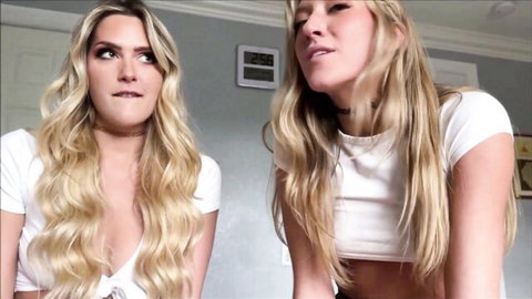 Two naughty blonde stepsisters teasing with small tits in tight white tops