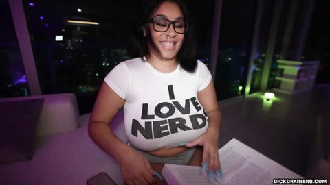 Juliana Dreams smiling in tight I LOVE NERDS shirt, big tits teased