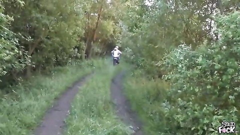 Blonde MILF tight ass outdoor drilling with creampie in forest