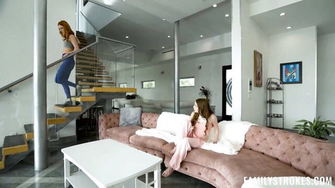 Scarlet Skies in leggings climbs stairs, Myra Moans lounges in pink on couch