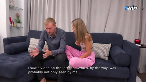 Skye Young in intense cuckold talk with Leo Dee on couch, homemade amateur