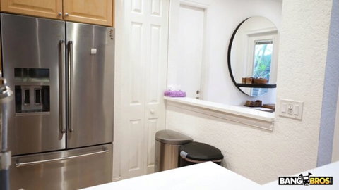 Blonde bombshell teases in kitchen for your load in 4K