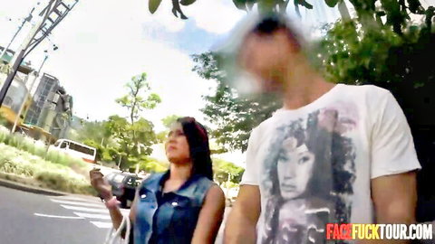 Mexican amateur babe in denim vest walks outdoors with guy before sloppy head on huge dick