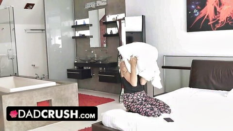 Stepdaughter hides face with towel after rough doggystyle sex with stepdad