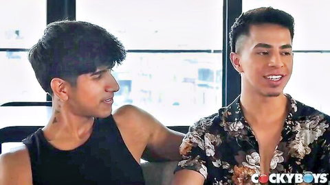 Tattooed Latino stud and kinky boyfriend in tank top and floral shirt