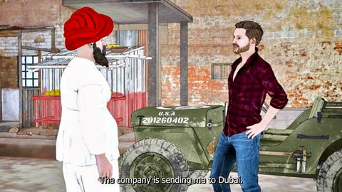 Indian man in red turban chats with bearded Western guy by US army jeep in village about Dubai job