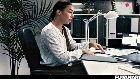 Alexa Flexy in office blouse, focused at desk - futanari tease
