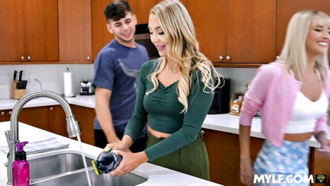 Harper Hill and Katee V blonde MILFs teasing in kitchen with young guy