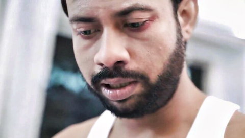 Sweaty bearded Indian man in tank top, intense gaze for hot wife action