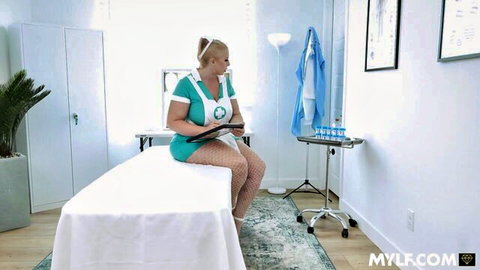 Lila Lovely in sexy nurse outfit, big tits and fishnets on exam bed