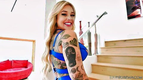 Kali Roses in blue lingerie, tattoos, blonde hair, curvy body
