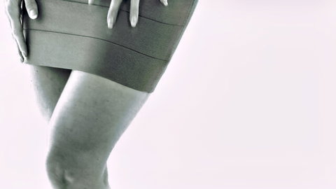 Tanned athletic MILF's big ass and thighs in tight gray banded mini dress gripped by hands