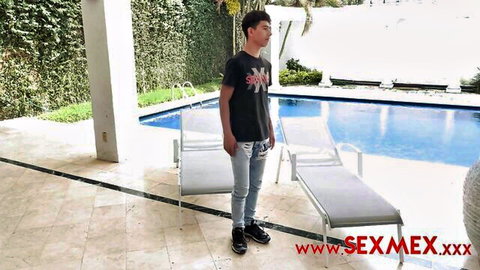 Young Latino stud in ripped jeans poses by pool ready for rough SexMex fuck