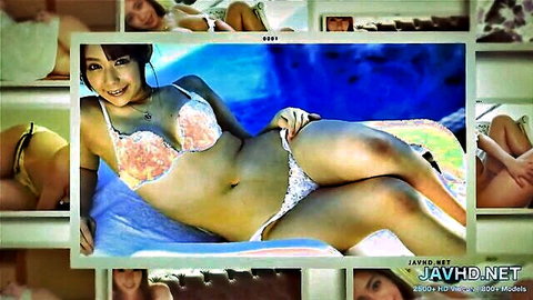 Asian beauty in pink bikini posing poolside with perfect shaking tits HD