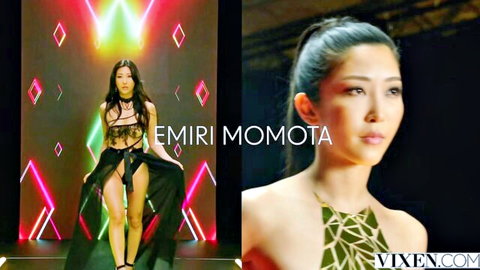 Emiri Momota poses seductively in skimpy black lingerie on neon-lit Vixen stage