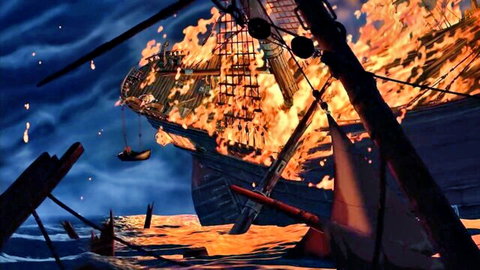 Dramatic burning ship scene from uncensored movie with sex