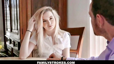 Lexi Lore seduces stepdad in tense family talk, blonde teen in white shirt