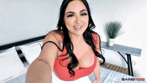 Curvy Latina babe in red top teases with cleavage POV