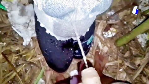 Amateur Sri Lankan woman squatting outdoors getting pussy fucked with cum dripping down thick thighs