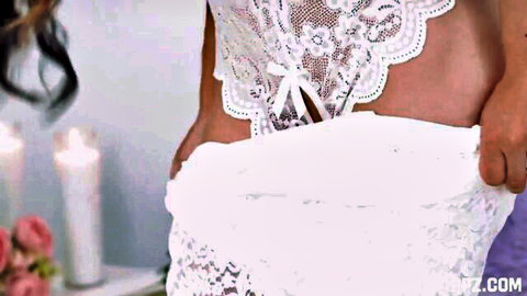 Madalina Moon in sexy white lace lingerie, teasing with lifted skirt