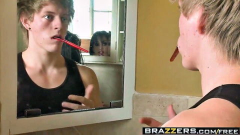 Abella Anderson teases Cris C in bathroom mirror during wild threesome