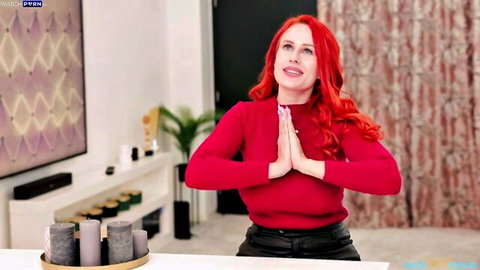 Angel Wicky redhead MILF in red sweater, prayer pose, seductive smile