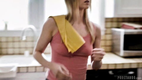 Skinny blonde with small tits in tight pink tank top teases in kitchen holding yellow towel
