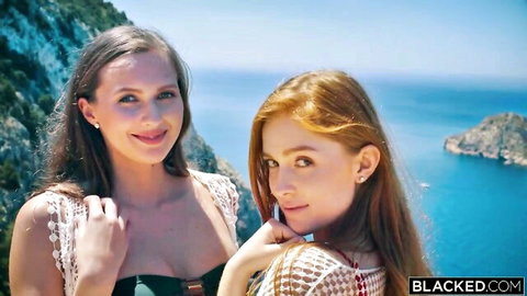 Jia Lissa and Stacy Cruz in sexy tops on scenic cliffside, Blacked.com