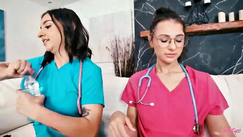 Liz Jordan and Hailey Rose in sexy nurse outfits, playful tease