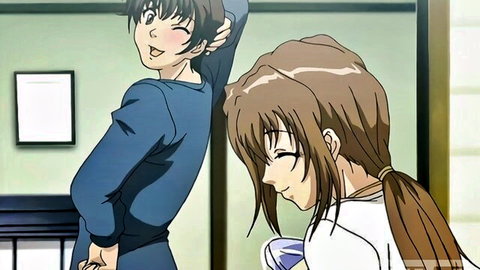 Naughty Japanese anime girl playfully sneaks up on smiling guy from behind in cozy room