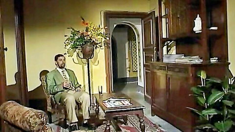 Handsome suited man with goatee relaxes in elegant living room holding drink
