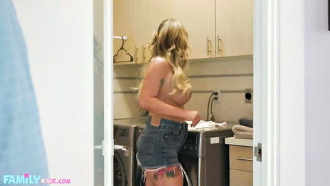 Lolly Dames topless in kitchen, big tits exposed, blonde milf