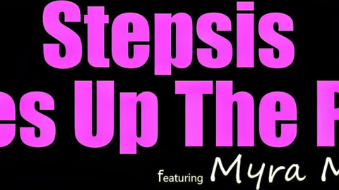 Myra Moans stepsis porn video thumbnail featuring bold pink text on black background