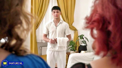 Sirale and redhead Gertruda tease young man in white in MatureNL scene