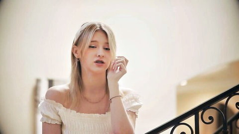 Melody Marks blonde in seductive white off-shoulder dress pose