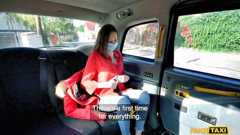 Athletic brunette in red coat rides fake taxi for first time POV adventure