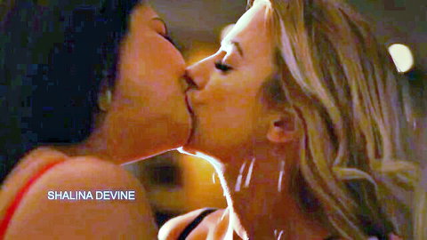 Shalina Devine passionately kissing blonde babe in steamy lesbian lip lock