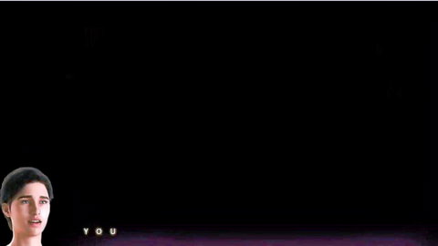 Brunette woman staring intensely at viewer on dark background with glowing YOU text