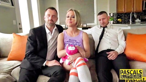 Blonde bombshell in tank top and striped socks with two men for hot threesome