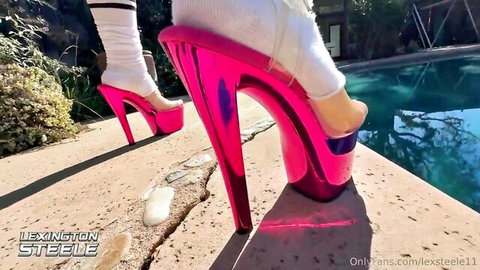 Sophia Burns in sexy pink high heels and socks by pool with Lex Steele