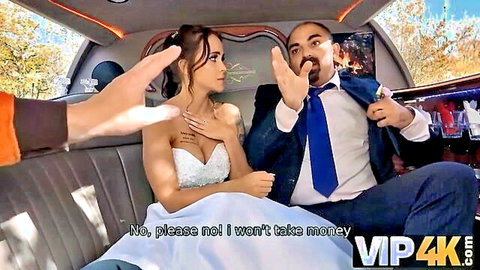 Jennifer Mendez as bride in limo refusing money, husband watches anal tease