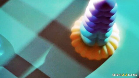 Colorful stacked dildos on chessboard in Brazzers real cock video thumbnail