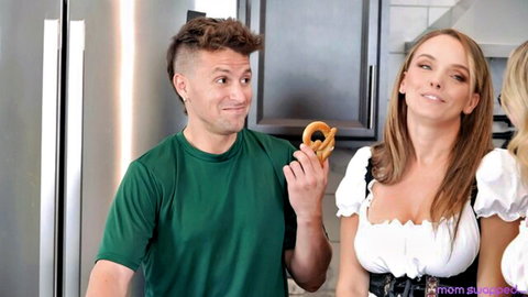 Pristine Edge and Crystal Clark in busty dirndl outfits with hot guy